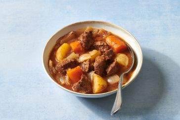 beef stew in bowl with spoon