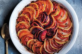 beets in baking dish on blue background