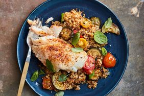 braised cod and bulgur with zucchini and tomatoes