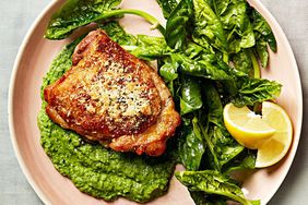 chicken with herbed pea puree and spinach