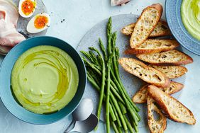 chilled avocado-cucumber soup with crostini ham and eggs