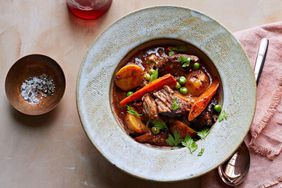 overhead view of beef stew with napkin