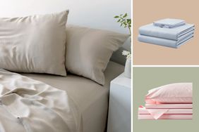 bed with neutral sheets and two images of silos of stacked sheets