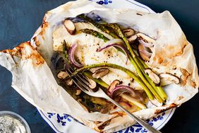 Flounder en Papillote with Asparagus and Shiitake Mushrooms on decorative plate