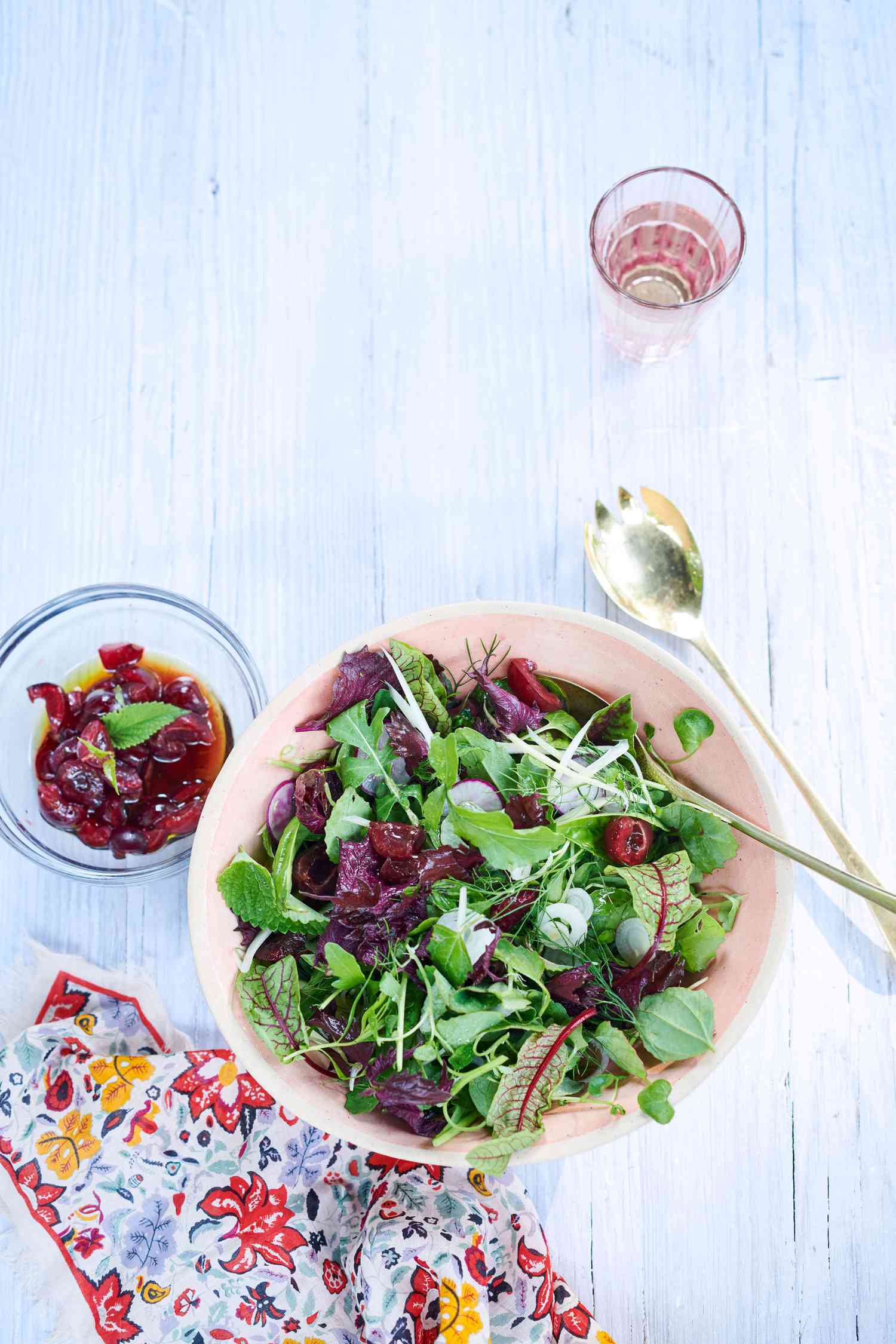 garden salad with herbs and sour-cherry dressing