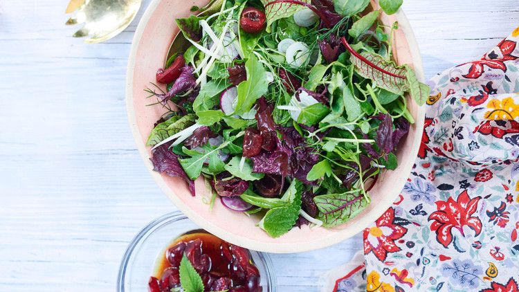 garden salad with herbs and sour-cherry dressing 