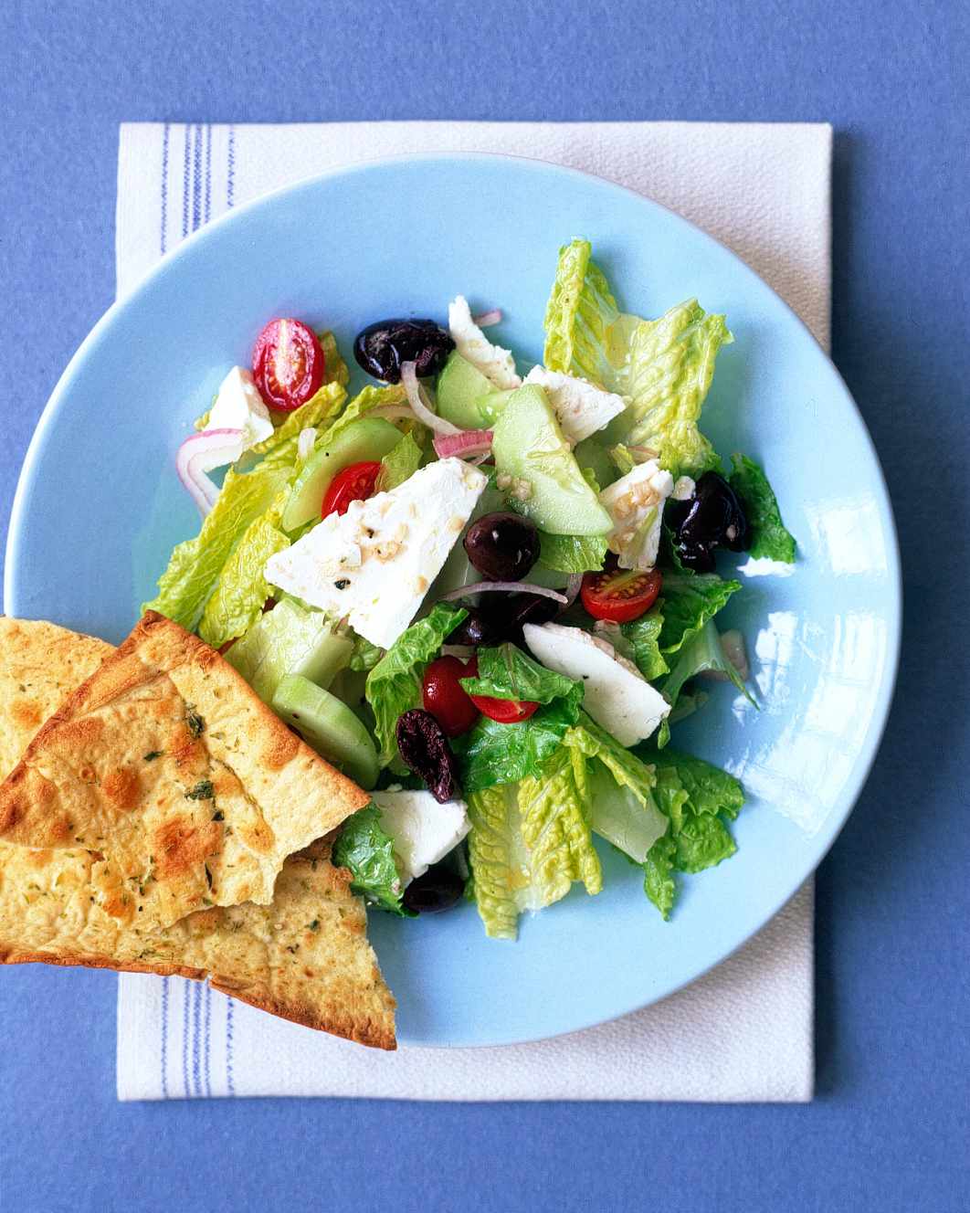 Greek Salad on blue plate