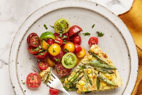 blistered green-bean and corn frittata plate and fork