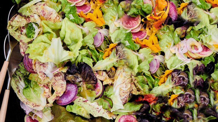 close up of green salad with pickled-shallot vinaigrette