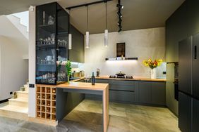 grey kitchen with home bar