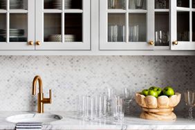 kitchen with gray shelving