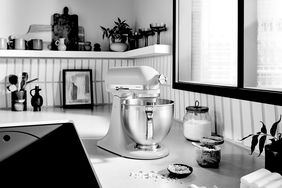 Black and white photo of KitchenAid mixer