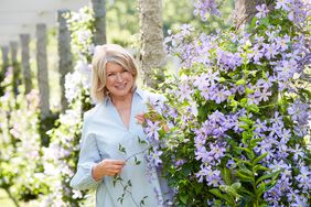 martha standing next to purple flowers