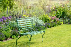 green metal bench in garden