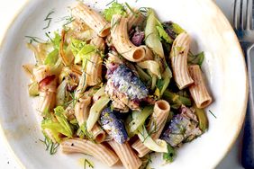 overhead view of pasta with fennel and sardines