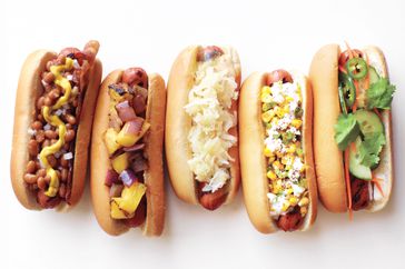 Hot dogs with various toppings