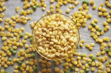 frozen corn kernels in a glass bowl