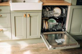 Open dishwasher with clean dishes in the white kitchen