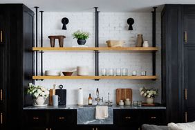 Black and white kitchen with open shelves