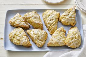 Lemon scones on blue platter