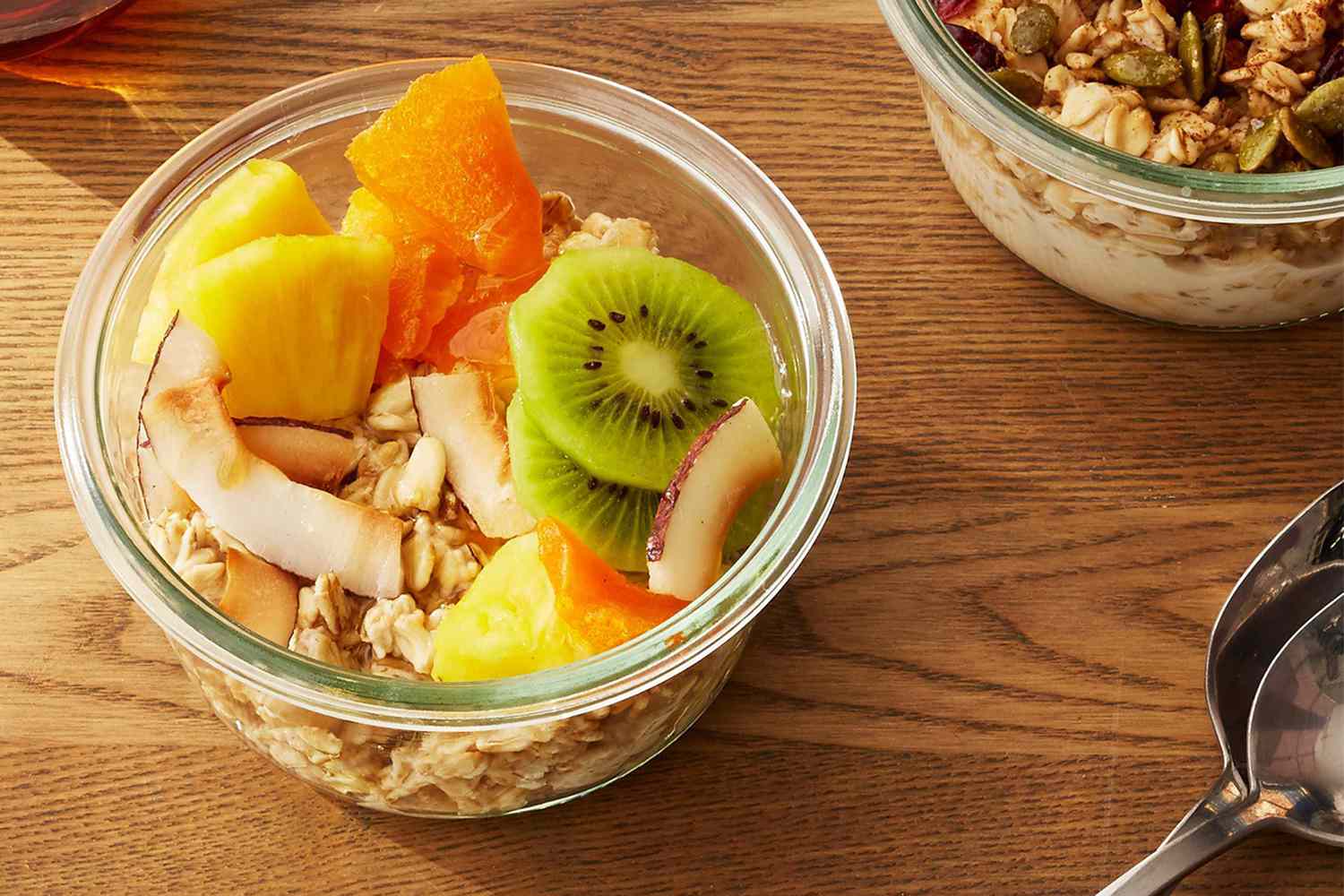 Overnight oats in glass bowl with fruit