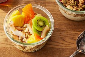 Overnight oats in glass bowl with fruit