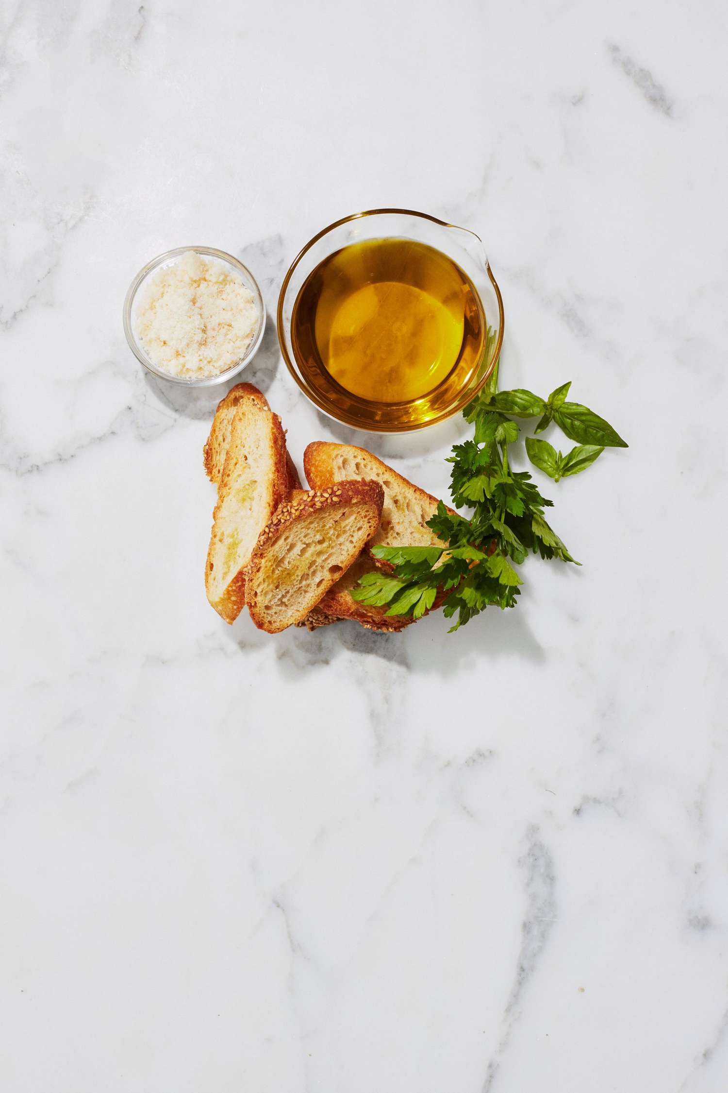 olive oil shredded parmesan fresh herbs and toasted bread for soup