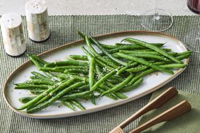 sauteed green beans on oval tray