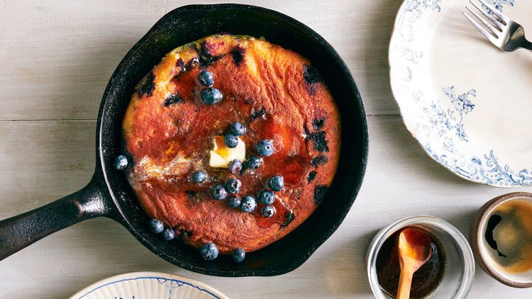 skillet pancake for two topped with blueberries