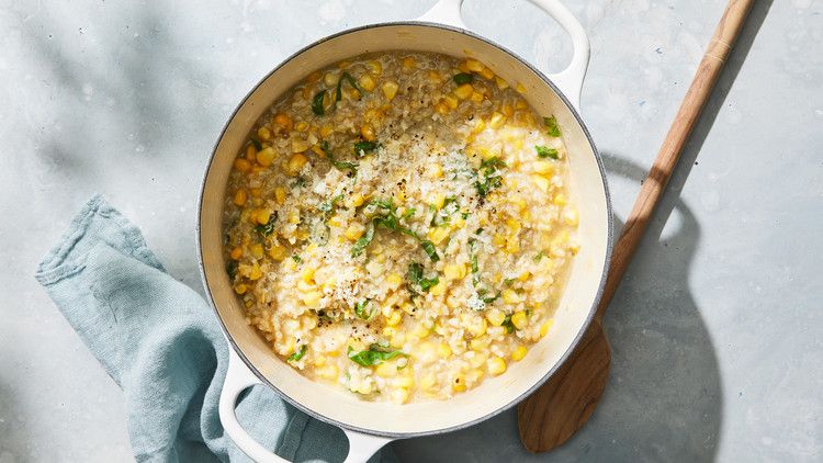 sweet corn-brown rice risotto garnished with basil