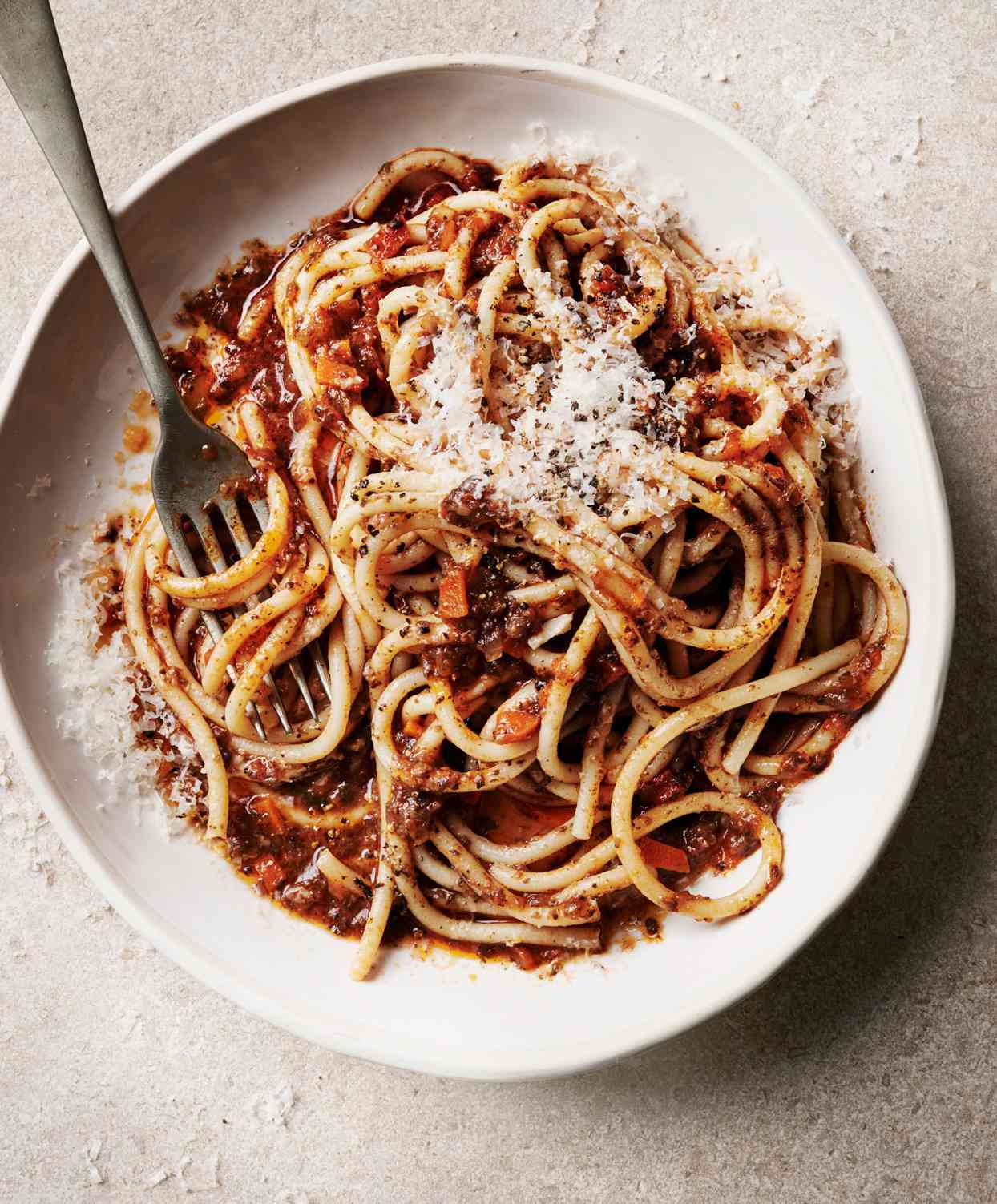 vegetarian bolognese with bucatini