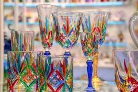 venetian glass in store window