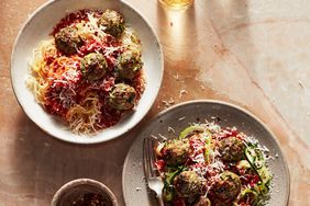 bowls of spaghetti squash and zucchini noodles with zucchini meatballs